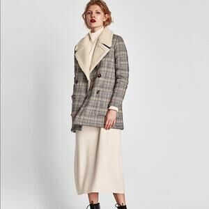 Zara Contrasting Plaid Sherpa Double Breasted Button Pocket Coat.